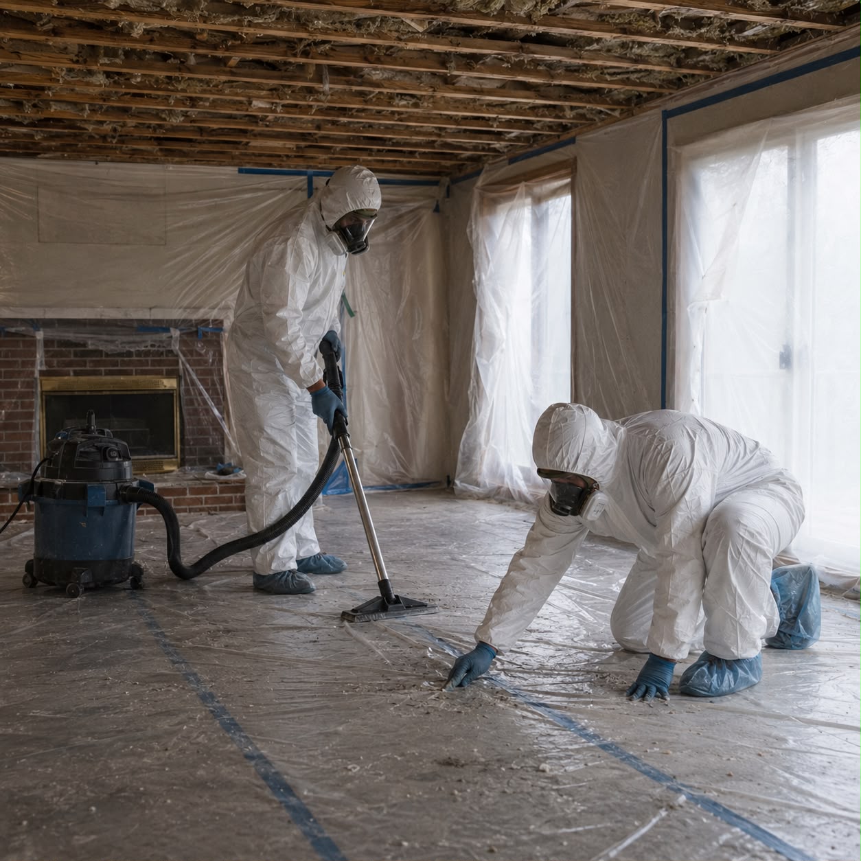 Certified asbestos abatement team removing asbestos floor tiles in residential laundry room
