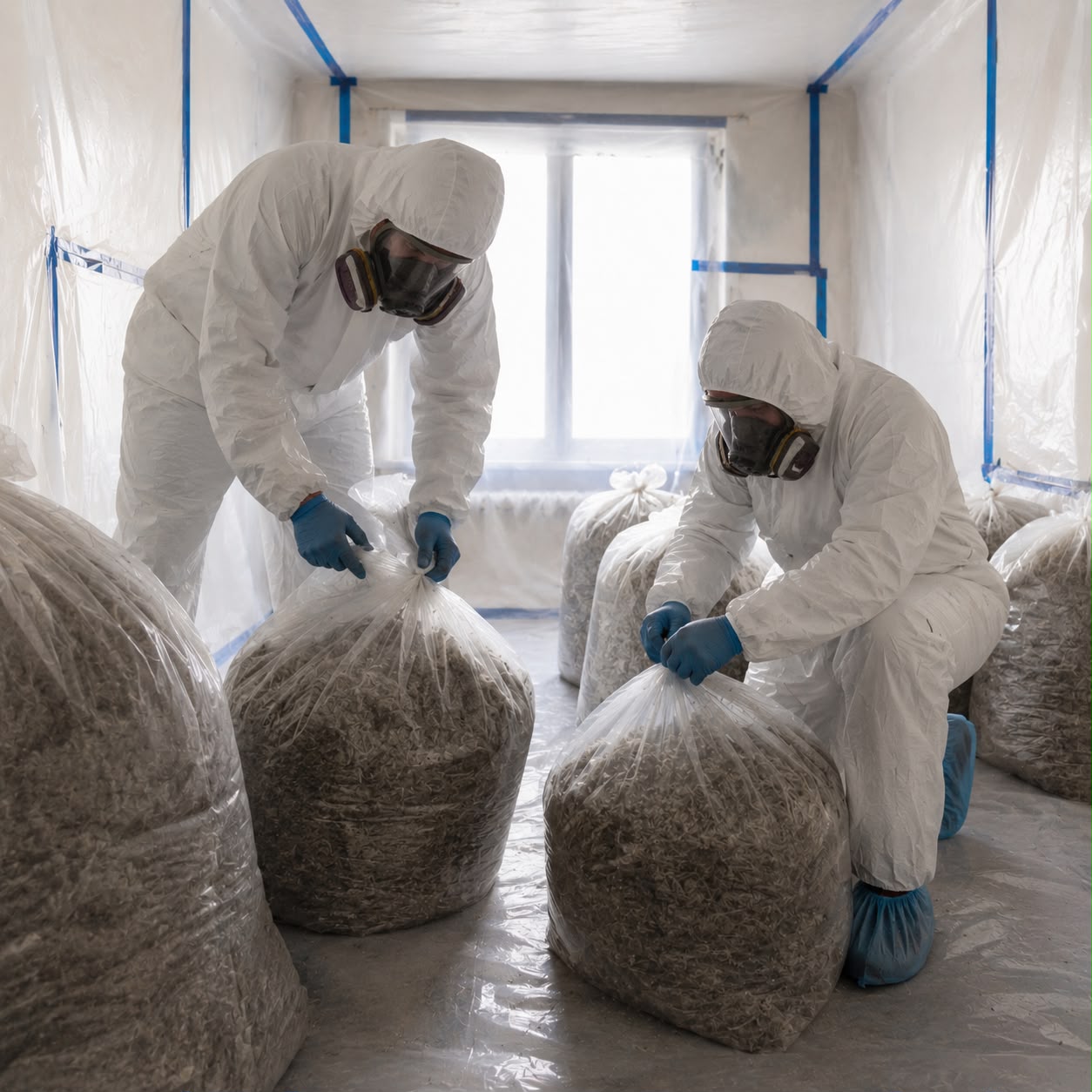Licensed technicians removing asbestos insulation from attic with containment barriers