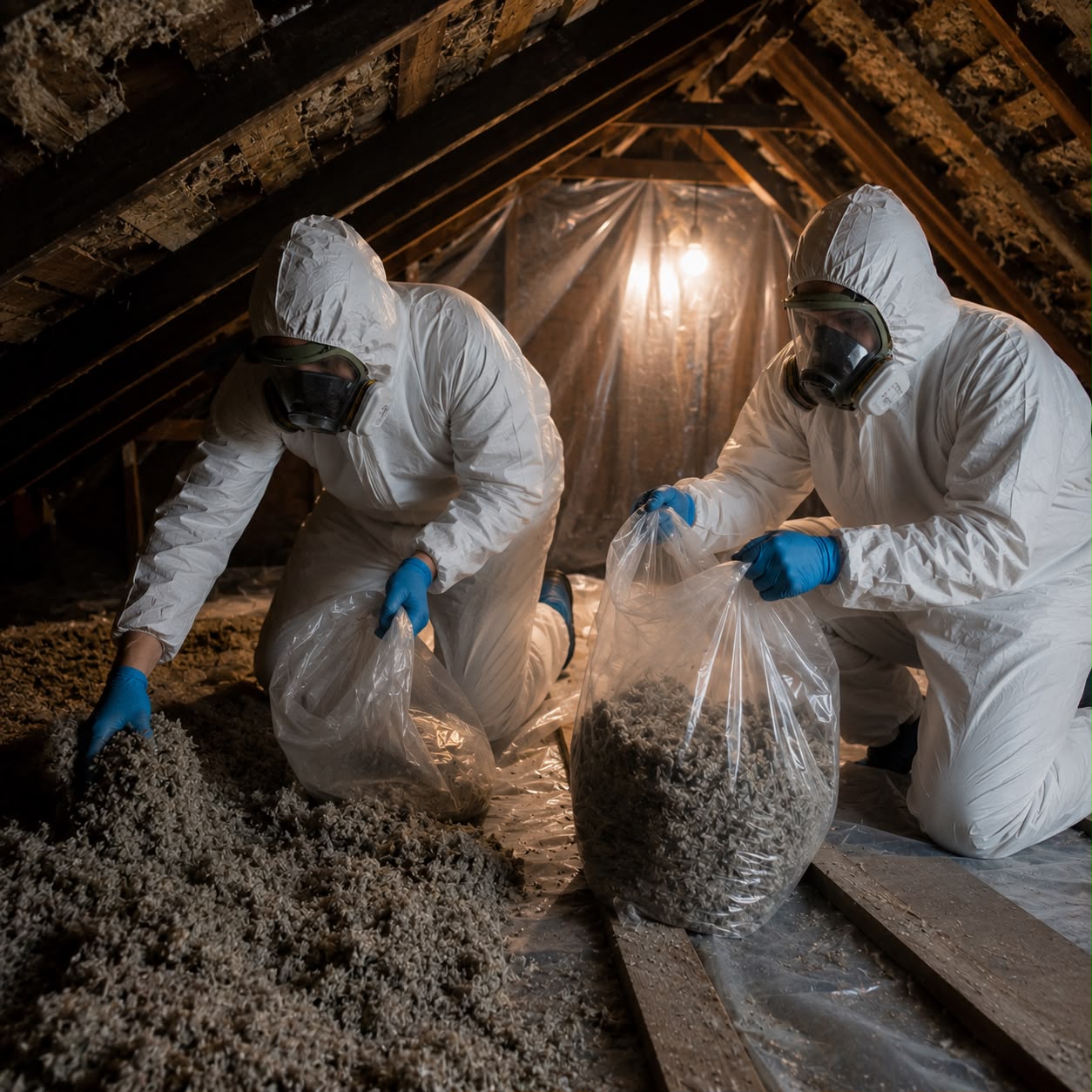 EPA certified specialists removing asbestos ceiling materials inside sealed zone